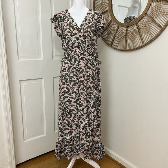 MOON RIVER Maxi Wrap Dress Botanical Tropical Print Green Pink Flowy Ruffle M‎ - Picture 1 of 5